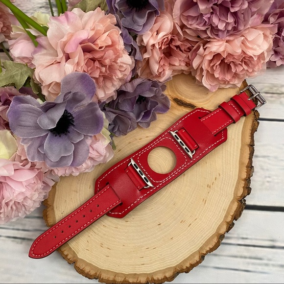 Vegan Leather Red Double Cuff Watchband for Apple - Picture 6 of 13